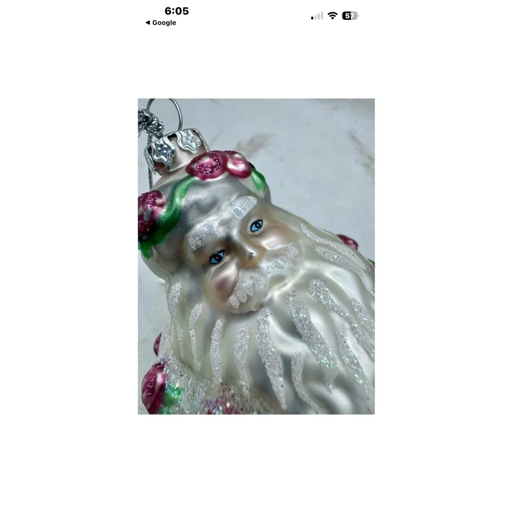 Vintage Hand Painted Glass Santa Claus Floral Rose Garden Christmas Ornamen 4.5